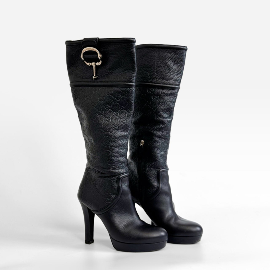 Gucci Horsebit Platform Knee High Boot Black Leather