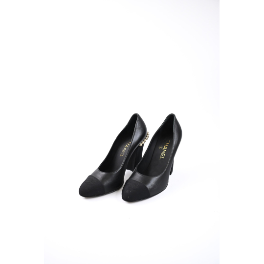 Chanel Pearl Block Heel Pump Black Leather and Grosgrain Cap Toe