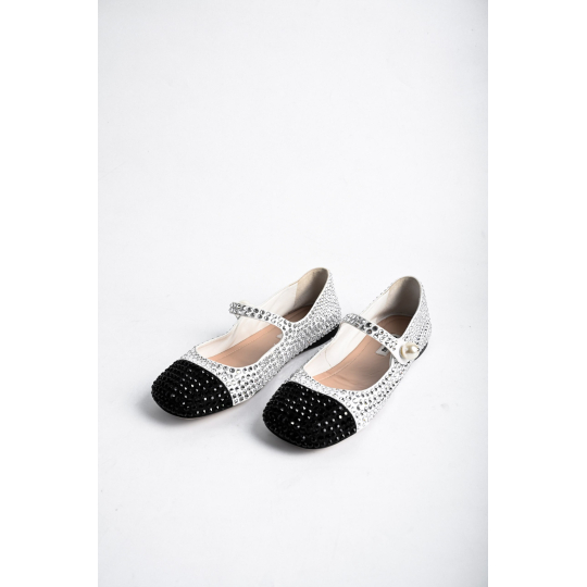 Chanel Mary Jane Ballet Flat Crystal Embellished Silver Black Cap Toe