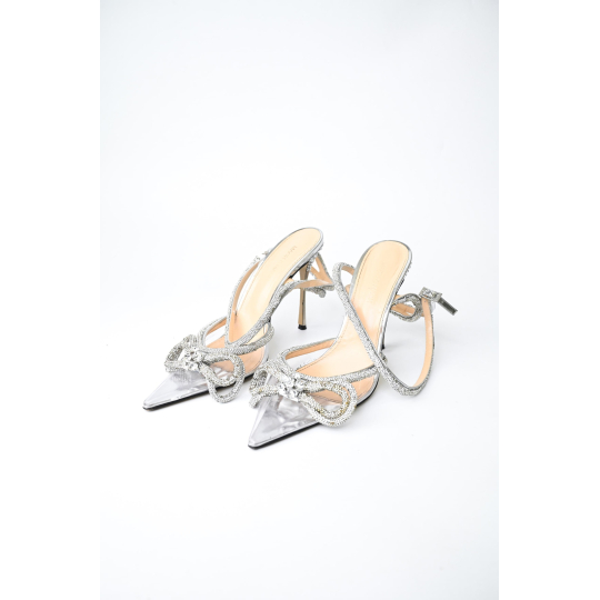 Crystal Double Bow Slingback Heel Silver
