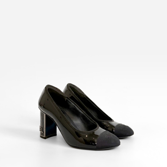 Chanel Suede Cap Toe Block Heel Pump Black Patent