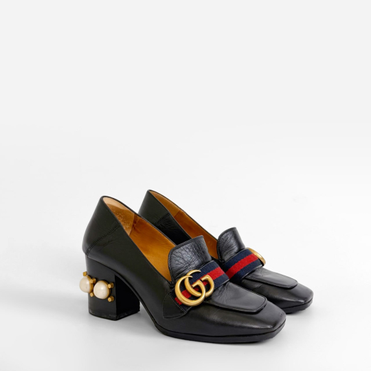 Gucci Web Stripe Pearl Heel Loafer Pump Black Leather