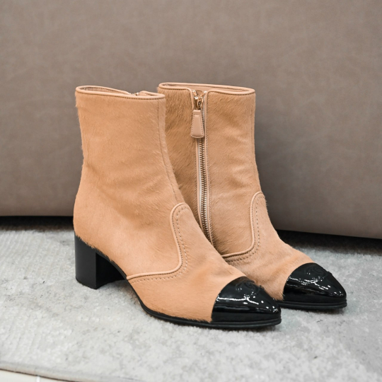 Chanel Cap Toe Calf Hair Ankle Boot Camel