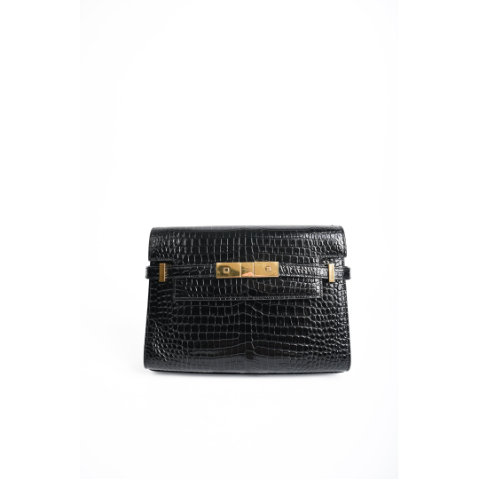 Saint Laurent Manhattan Shoulder Bag Croc Embossed Leather Black
