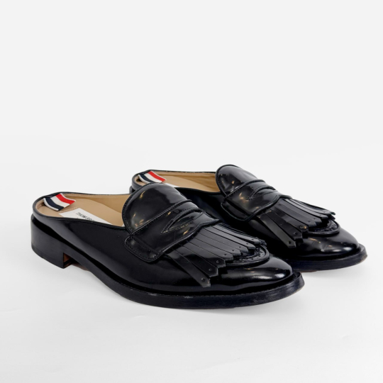 Tricolor Stripe Kiltie Fringe Loafer Mule Black Leather