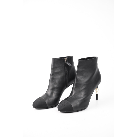 Chanel Ankle Boot Black Leather Pearl Heel