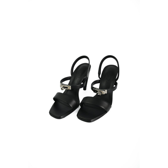 Sandal Cao Gót Hermès Khóa Kelly Da Bê Đen PHW