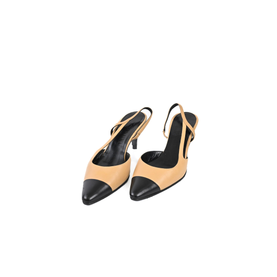 Chanel Cap Toe Slingback Kitten Heel Beige and Black Leather