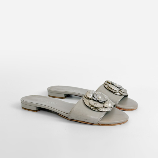 Chanel Camellia Flower Slide Sandal Grey Leather
