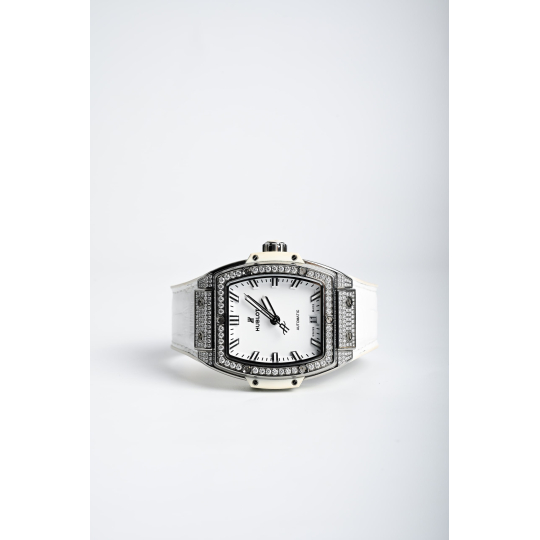 Tonneau Diamond Set Ladies Watch Silver Steel with White Leather Strap