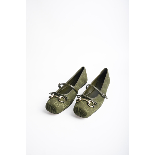 Gucci Horsebit Mary Jane Ballet Flat Olive GG Canvas