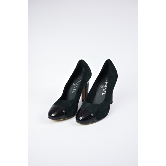 Chanel Cap Toe Pump Dark Green Suede Black Patent