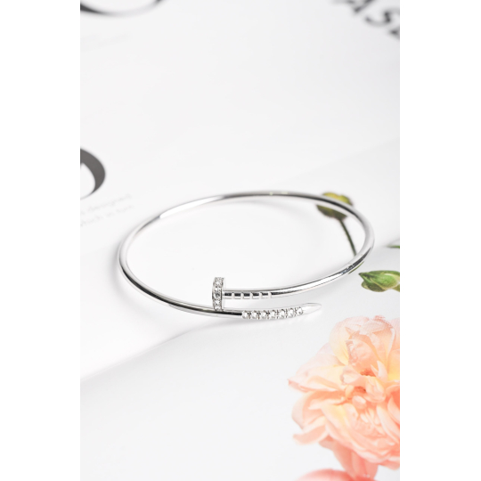 Nail Bangle Bracelet White Gold Tone with Pave Stones Size 17