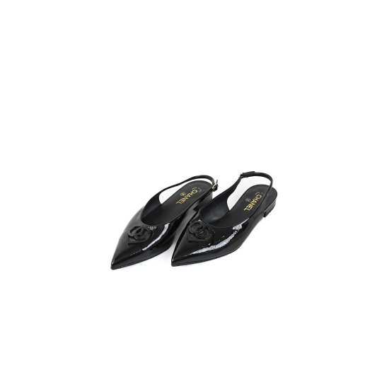 Chanel Camellia Slingback Flat Black Patent Leather