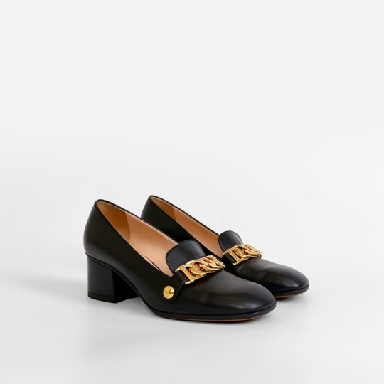 Gucci Chain Buckle Block Heel Loafer Pump Black Calfskin