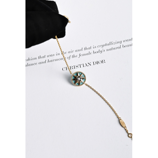 Dior Rose des Vents Chain Bracelet Gold Tone Metal with Blue Enamel Medallion