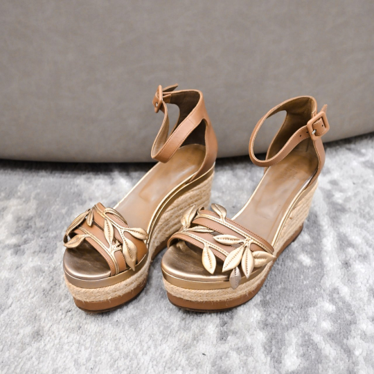Gold Leaf Strap Wedge Sandal Cork Sole
