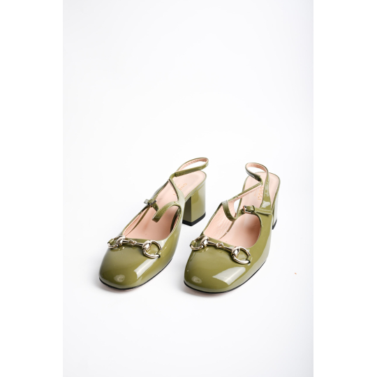 Gucci Horsebit Slingback Mid Heel Olive Green Patent Leather