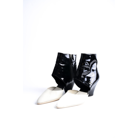 Chanel Ankle Boot Two Tone Black Patent and Ivory Leather