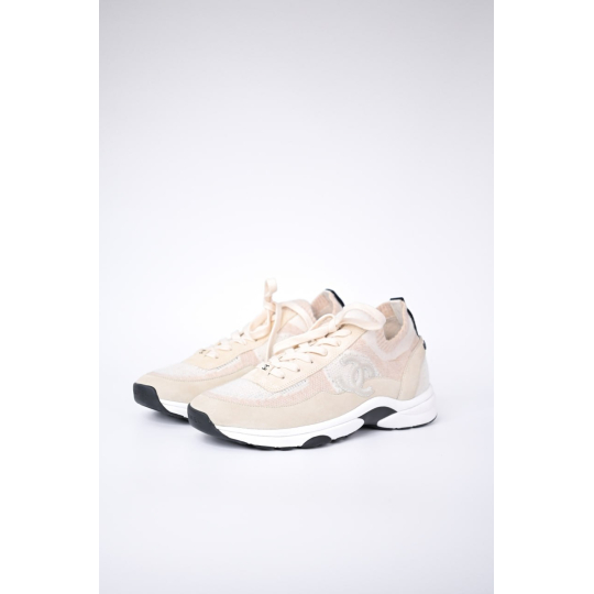Chanel CC Low Top Sneaker Beige Suede Mesh