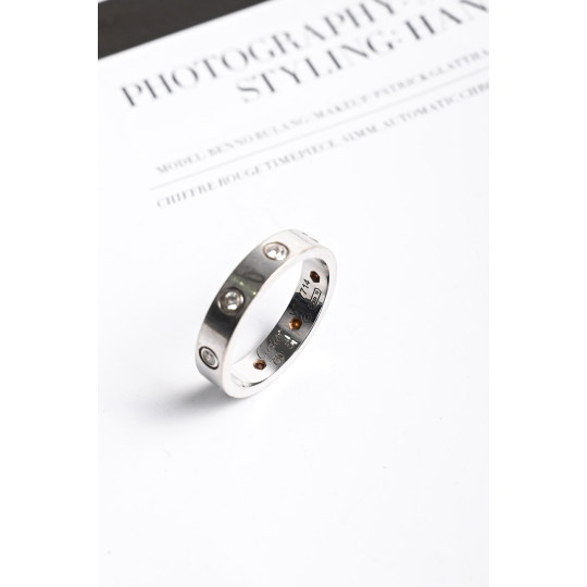 Silver Tone Medium Band Ring with Screw Head Motif and Clear Stone Size 51