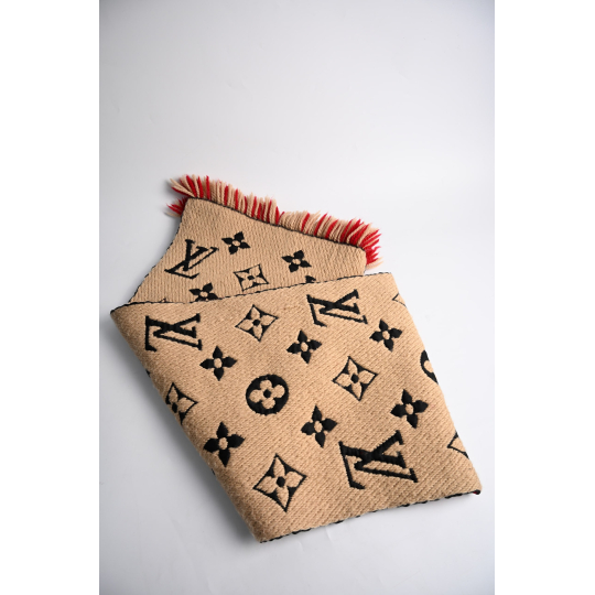 Louis Vuitton Monogram Wool Scarf Red and Beige with Fringe Trim