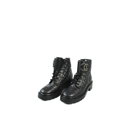 Chanel Quilted Lace Up Combat Boot Black Lambskin Leather