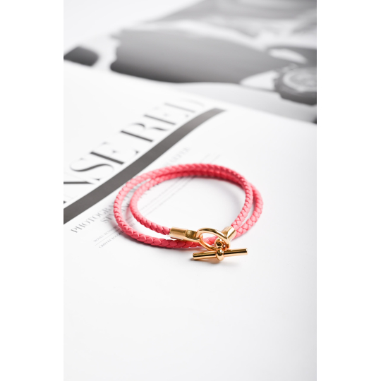Hermes Glenan Braided Leather Double Tour Bracelet Pink with Gold Toggle