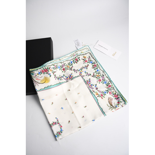 Dior Ivory Silk Square Scarf with Multicolour Floral Garland Print Green Border