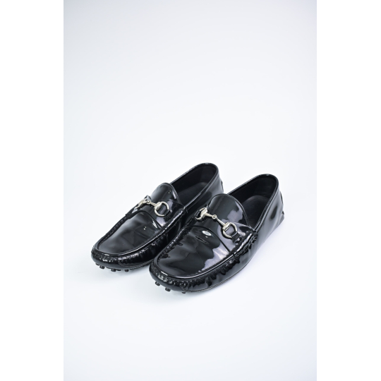 Gucci Horsebit Driving Loafer Black Patent Leather with Silver Hardware