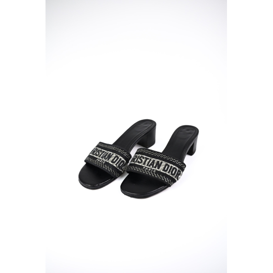 Dior Dway Heeled Slide Black Embroidered Cotton