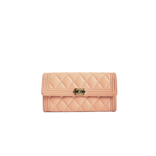 Chanel Boy Long Flap Wallet Quilted Caviar Leather Light Pink Gold Hardware