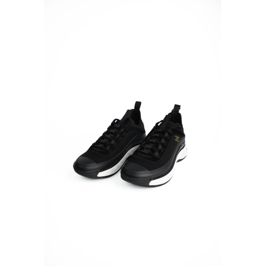 Giày Sneaker Chanel Vải Phối Da Đen Đế Trắng
