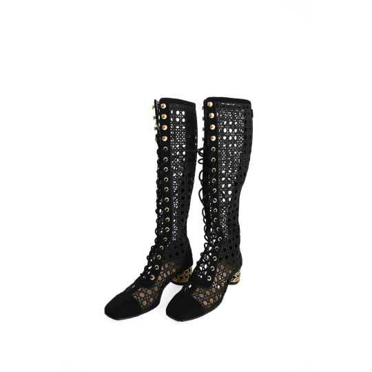 Boot Cao Cổ Dior Lưới Cannage Đen Buộc Dây