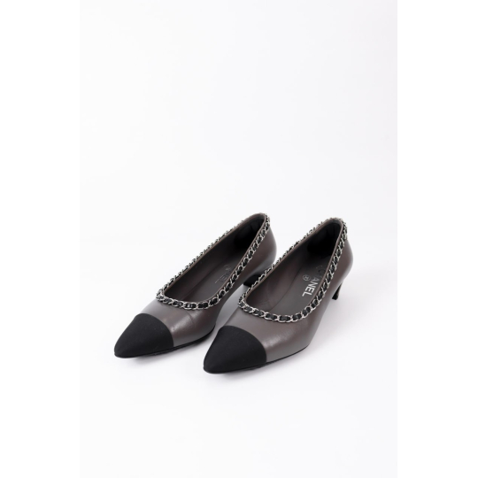 Chanel Chain Trim Cap Toe Pump Grey Leather