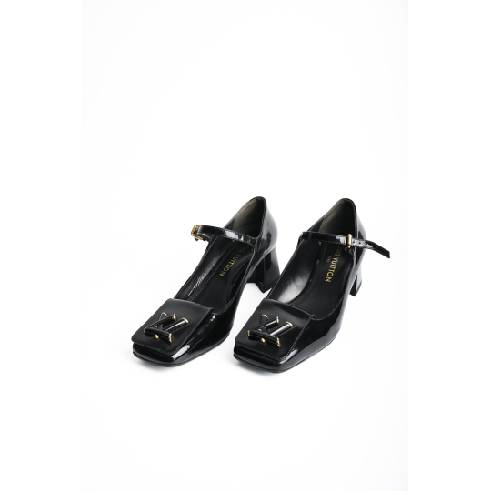 Louis Vuitton Mary Jane Block Heel Pump Black Patent Leather