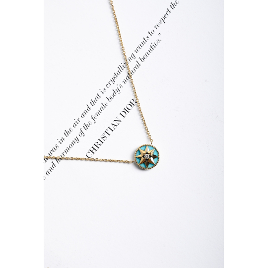 Dior Rose des Vents Long Necklace Gold Tone Metal with Turquoise Enamel Medallion