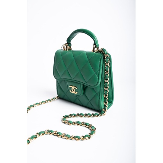 Chanel Mini Flap Bag with Top Handle Green Lambskin