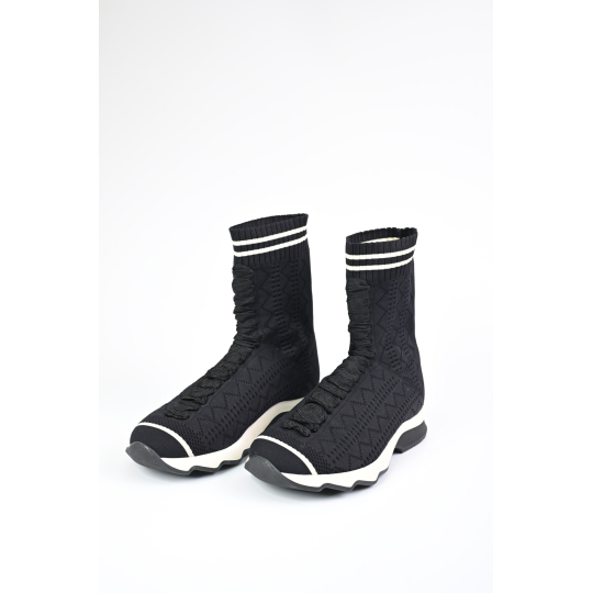 Fendi Rockoko Sock Sneaker Black Knit with Striped Cuff