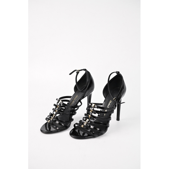 Black Patent Leather Caged Stiletto Sandal