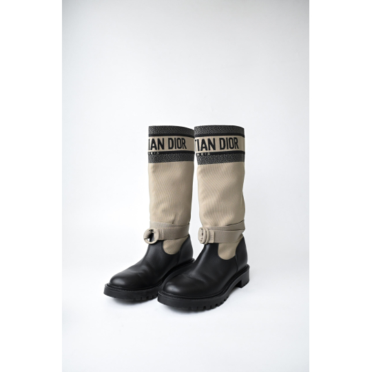 Dior Knee High Boot Beige Canvas Black Leather