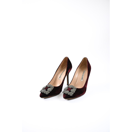 Manolo Blahnik Hangisi Crystal Buckle Pump Burgundy Velvet