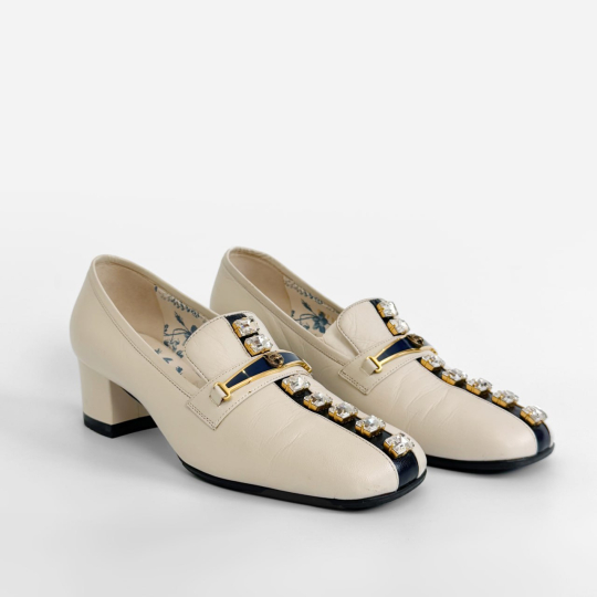 Gucci Crystal Strap Block Heel Loafer Cream Leather