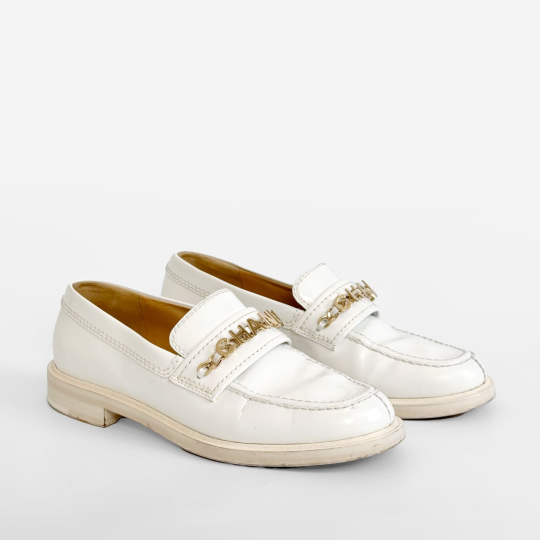 Chanel Chain Strap Loafer Cream Leather Gold Logo