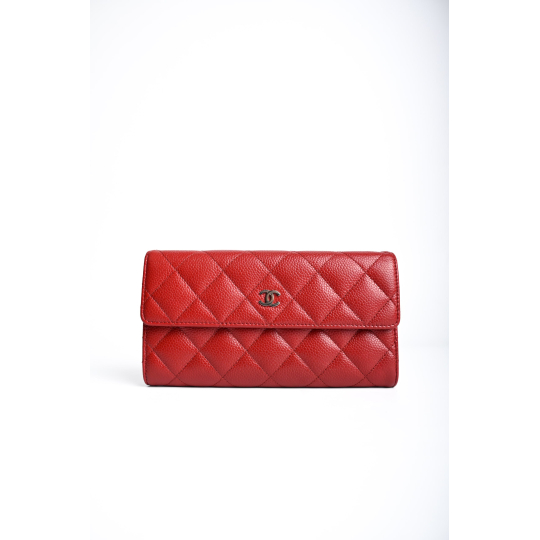 Chanel Classic Long Flap Wallet Red Caviar Silver Hardware