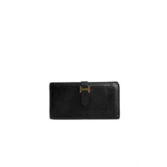 Hermes Bearn Long Wallet Black Lizard Embossed Leather Gold H Clasp