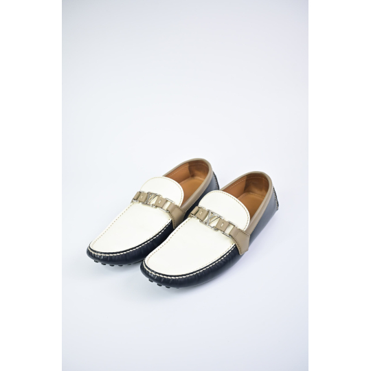 Driving Loafer Navy White Beige Leather Silver Buckle Moccasin