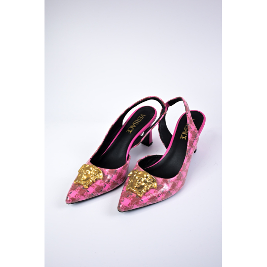 Versace Medusa Slingback Pump Pink Tweed with Gold Medusa Head