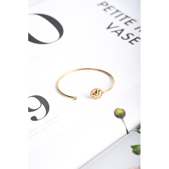 Gold Tone Open Cuff Bracelet with Engraved Medallion Charm