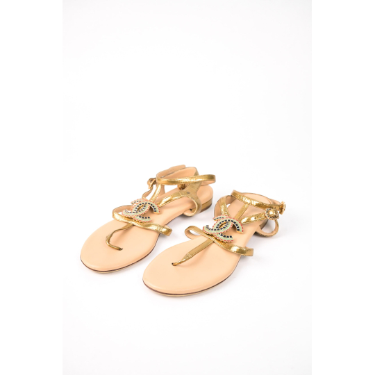 Chanel Thong Sandal Gold Leather CC Logo